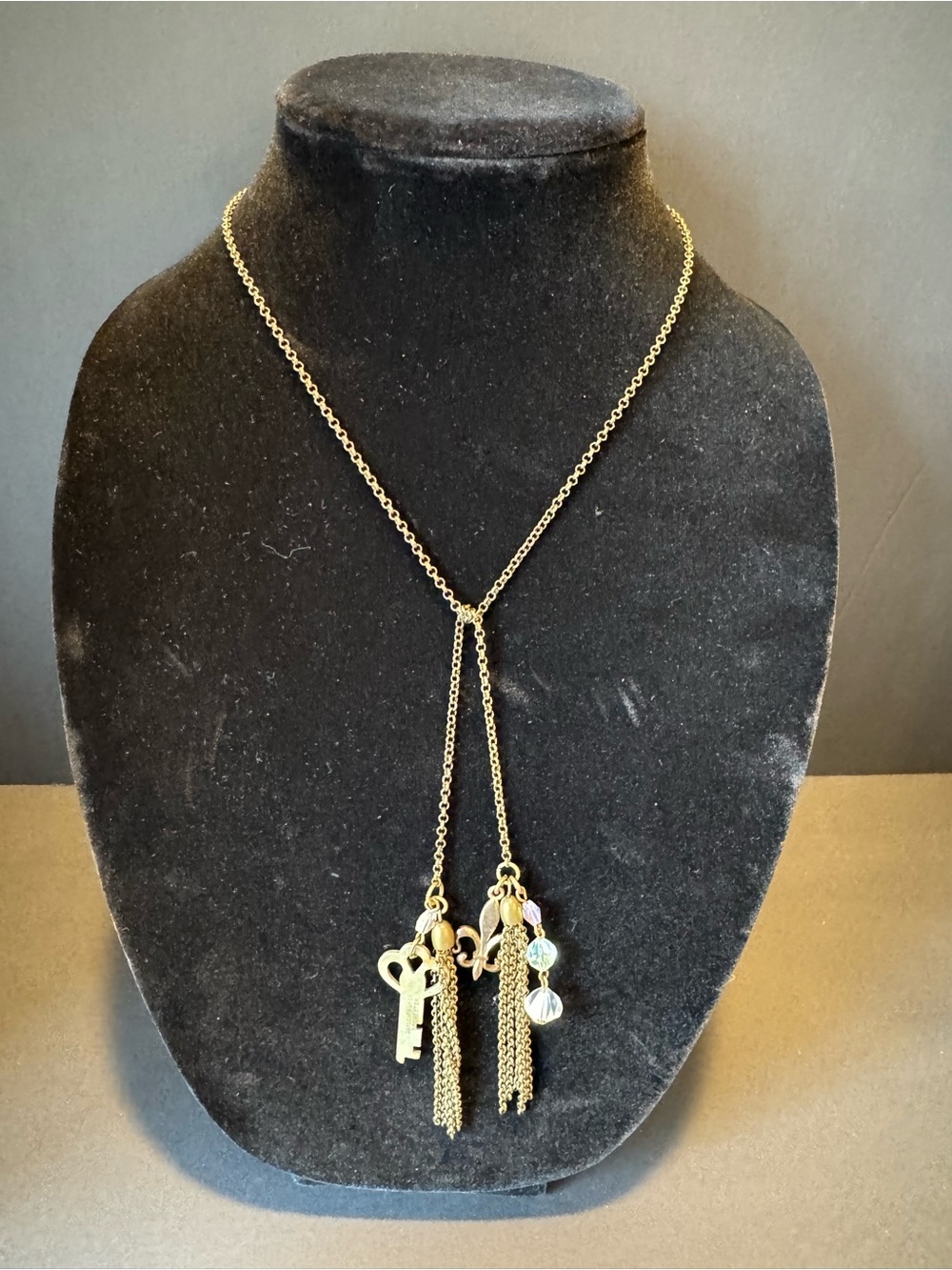 Gold-Tone/Brass Long Tassel Vintage Inspired Necklace with Key & Fleur Charms
